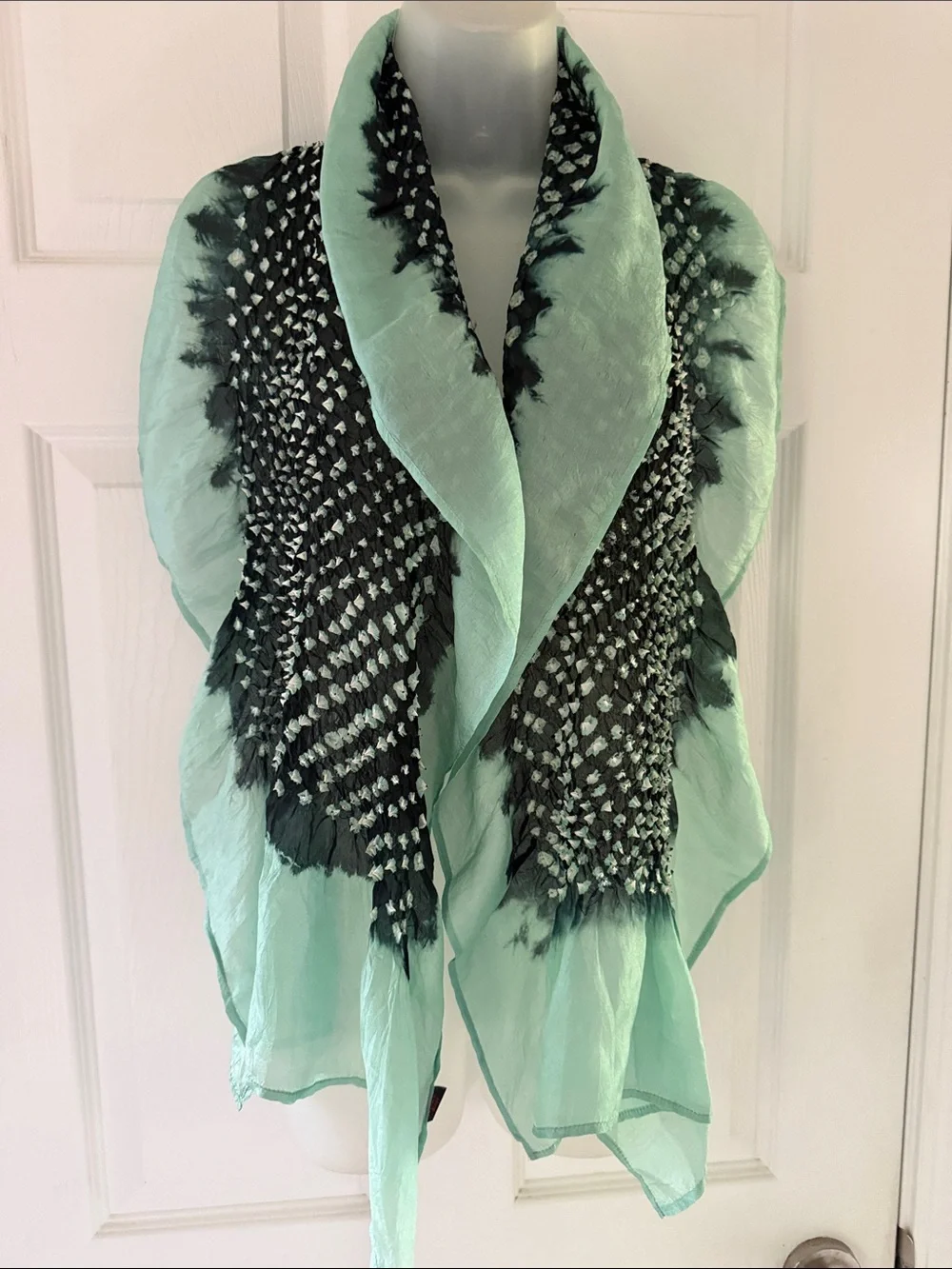 Asian Eye Mint Green & Navy Bandhani Tie-Dye Silk Scarf Handcrafted India